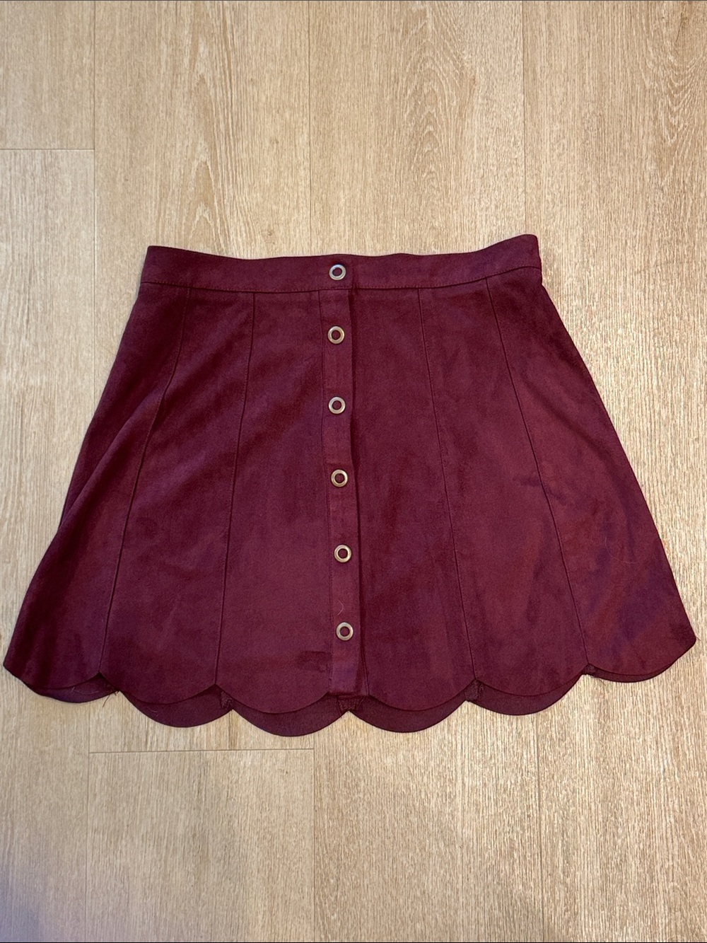 Kendall & Kylie Burgundy Button-Front Faux Suede Scallop Hem Skirt